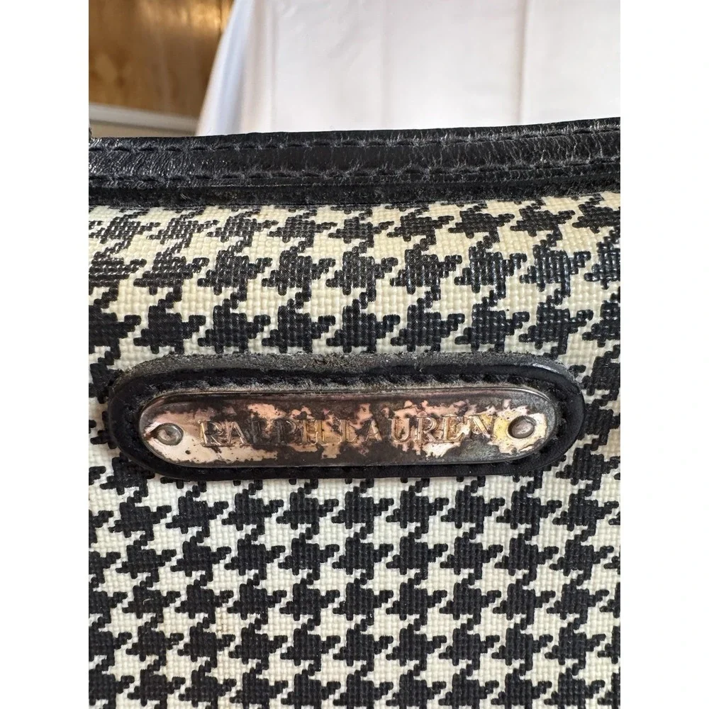 Vintage Ralph Lauren Black White Houndstooth Coated Canvas/Leather Boston Bag